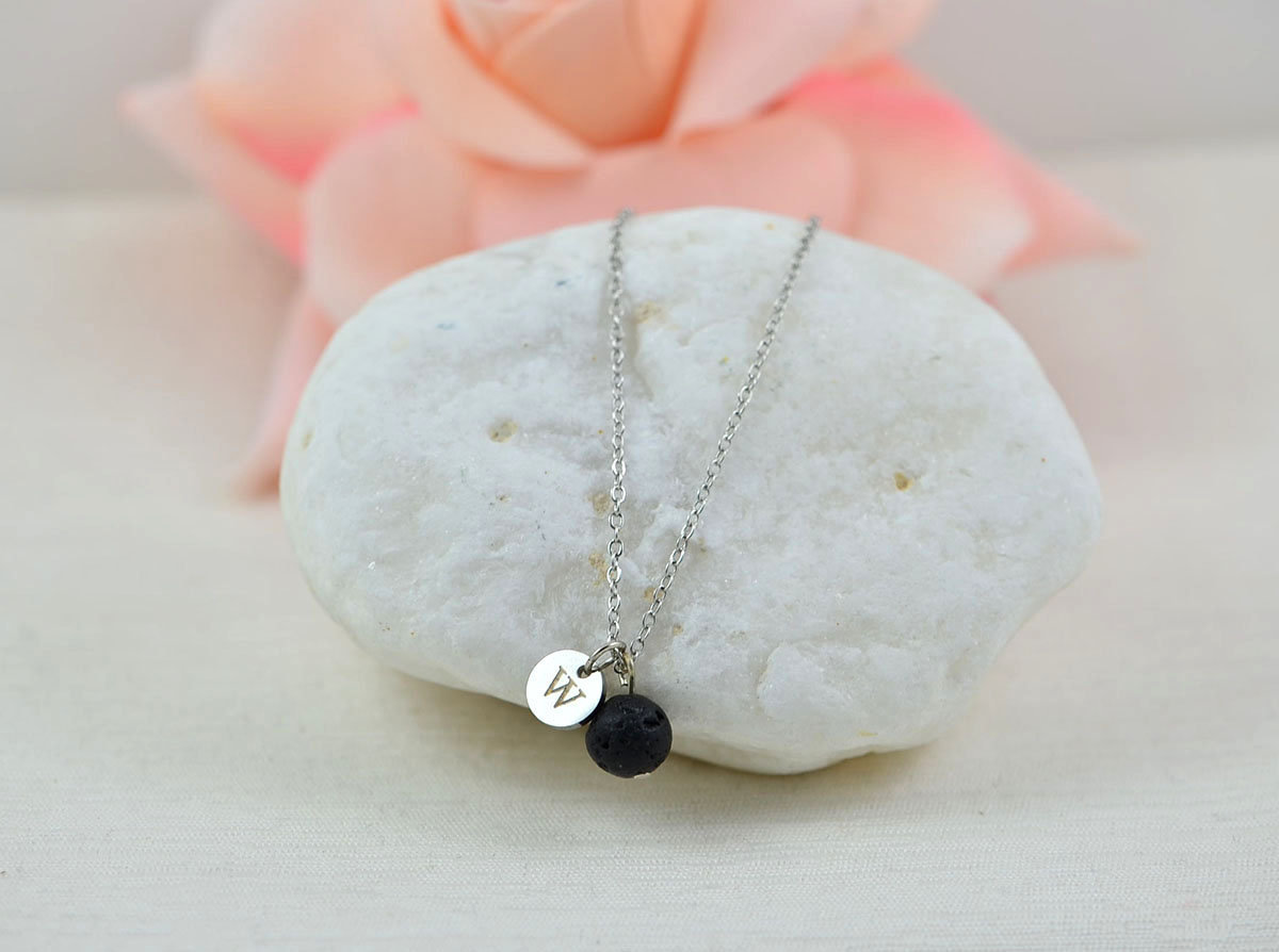 Dainty Silver Lava Stone Necklace, Aromatherapy Diffuser Personalised Necklace for Essential Oils, Engraved Initial Silver Necklace 5