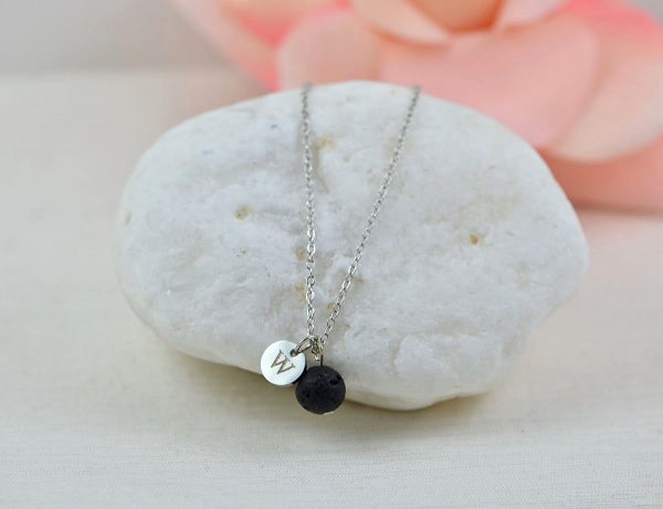 Dainty Silver Lava Stone Necklace, Aromatherapy Diffuser Personalised Necklace for Essential Oils, Engraved Initial Silver Necklace 52