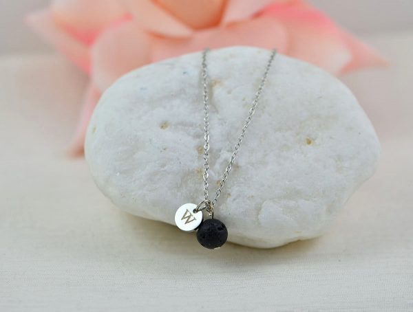 Dainty Silver Lava Stone Necklace, Aromatherapy Diffuser Personalised Necklace for Essential Oils, Engraved Initial Silver Necklace 53