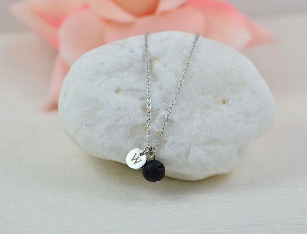 Dainty Silver Lava Stone Necklace, Aromatherapy Diffuser Personalised Necklace for Essential Oils, Engraved Initial Silver Necklace 55
