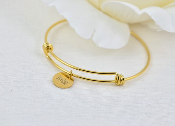 Gold Engraved Charm Bangle Bracelet, Gold Personalised Bridesmaids Engraved Stainless Steel Bracelet, Adjustable Wedding Bangle Jewellery 57