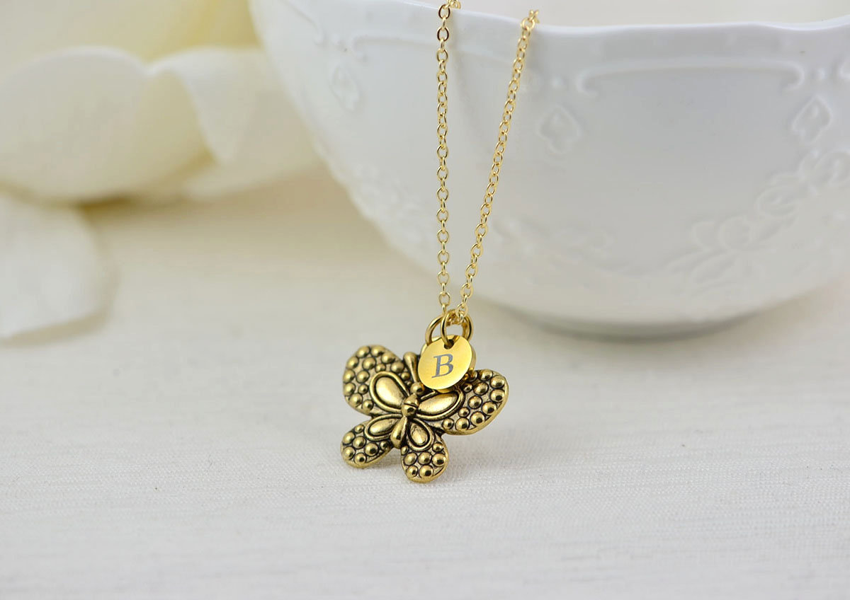 Gold Initials butterfly Charm Necklace, Bridesmaids Personalised Everyday Charm Necklace, Gift for Her, Engraved Initial Drop Necklace 8