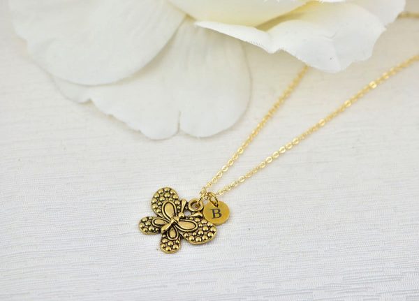 Gold Initials butterfly Charm Necklace, Bridesmaids Personalised Everyday Charm Necklace, Gift for Her, Engraved Initial Drop Necklace 52