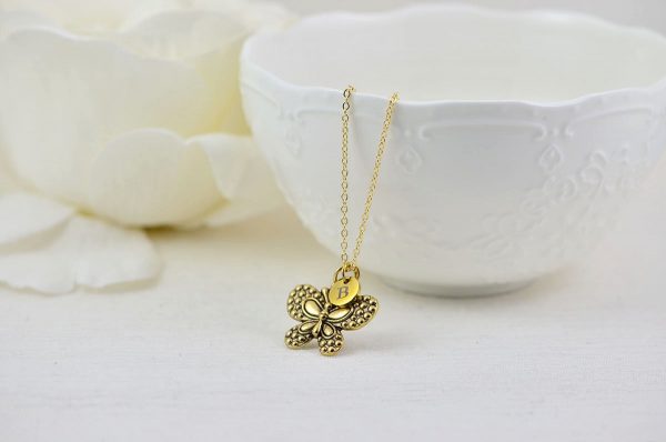 Gold Initials butterfly Charm Necklace, Bridesmaids Personalised Everyday Charm Necklace, Gift for Her, Engraved Initial Drop Necklace 53