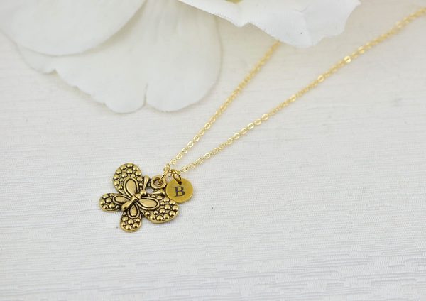 Gold Initials butterfly Charm Necklace, Bridesmaids Personalised Everyday Charm Necklace, Gift for Her, Engraved Initial Drop Necklace 54