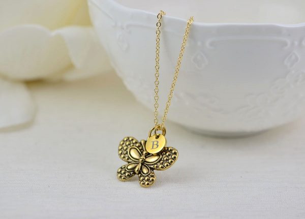 Gold Initials butterfly Charm Necklace, Bridesmaids Personalised Everyday Charm Necklace, Gift for Her, Engraved Initial Drop Necklace 55