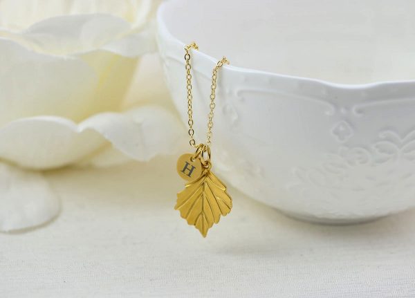 Gold Initials Leaf Charm Necklace, Bridesmaids Personalised Everyday Simple Charm Necklace, Gift for Her, Engraved Initial Drop Necklace 51