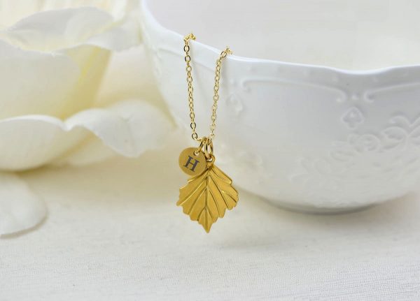 Gold Initials Leaf Charm Necklace, Bridesmaids Personalised Everyday Simple Charm Necklace, Gift for Her, Engraved Initial Drop Necklace 53