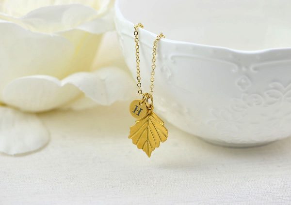 Gold Initials Leaf Charm Necklace, Bridesmaids Personalised Everyday Simple Charm Necklace, Gift for Her, Engraved Initial Drop Necklace 5