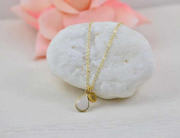 Gold Initials Light Pink Necklace, Personalised Everyday Crystal Charm Necklace, Gift for Her, Mother's Day Engraved Initial Drop Necklace 51