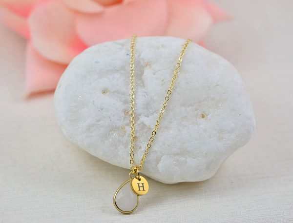 Gold Initials Light Pink Necklace, Personalised Everyday Crystal Charm Necklace, Gift for Her, Mother's Day Engraved Initial Drop Necklace 54