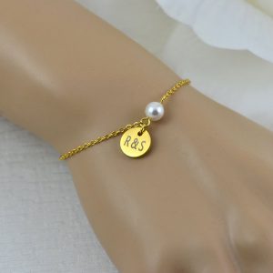 Gold Swarovski Pearl Bracelet Jewellery, Dainty Gold Bridesmaids Personalised Engraved Initial Bracelet, Elegant Letter Bracelet Jewellery 2