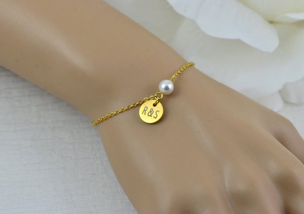 Gold Swarovski Pearl Bracelet Jewellery, Dainty Gold Bridesmaids Personalised Engraved Initial Bracelet, Elegant Letter Bracelet Jewellery 51