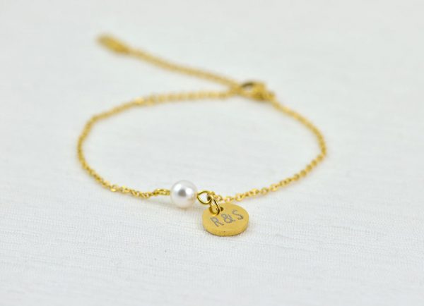 Gold Swarovski Pearl Bracelet Jewellery, Dainty Gold Bridesmaids Personalised Engraved Initial Bracelet, Elegant Letter Bracelet Jewellery 3