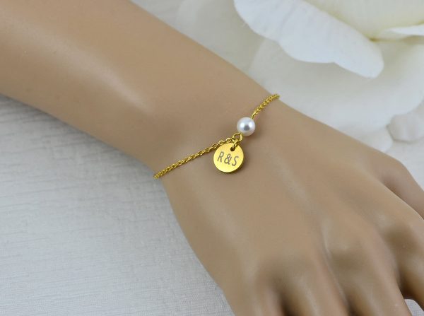 Gold Swarovski Pearl Bracelet Jewellery, Dainty Gold Bridesmaids Personalised Engraved Initial Bracelet, Elegant Letter Bracelet Jewellery 5