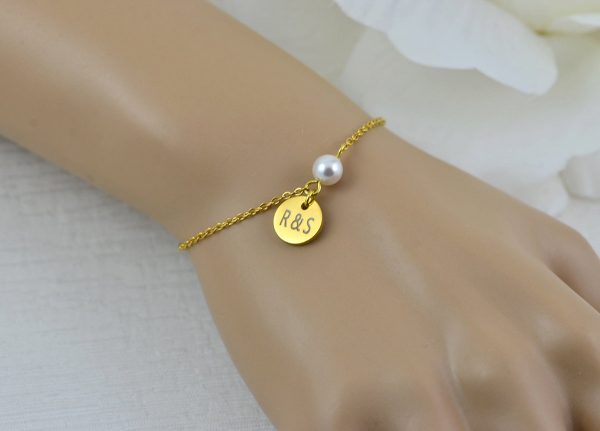 Gold Swarovski Pearl Bracelet Jewellery, Dainty Gold Bridesmaids Personalised Engraved Initial Bracelet, Elegant Letter Bracelet Jewellery 7