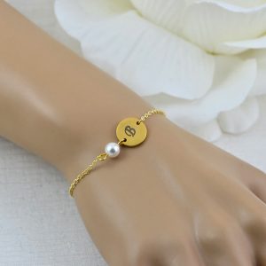 Gold Swarovski Pearl Bracelet Jewellery, Dainty Gold Personalised Engraved Initial Bracelet, Bridesmaids Letter Personalised Bracelet 1