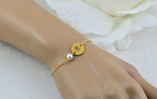 Gold Swarovski Pearl Bracelet Jewellery, Dainty Gold Personalised Engraved Initial Bracelet, Bridesmaids Letter Personalised Bracelet 4