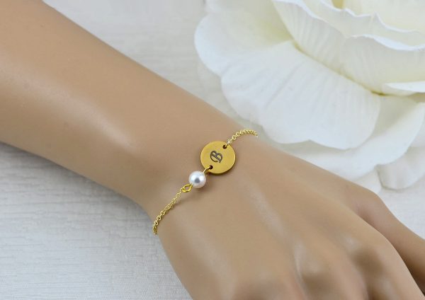Gold Swarovski Pearl Bracelet Jewellery, Dainty Gold Personalised Engraved Initial Bracelet, Bridesmaids Letter Personalised Bracelet 53