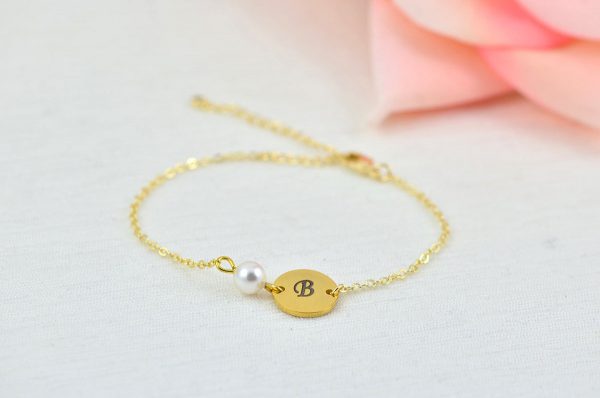 Gold Swarovski Pearl Bracelet Jewellery, Dainty Gold Personalised Engraved Initial Bracelet, Bridesmaids Letter Personalised Bracelet 54