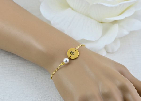 Gold Swarovski Pearl Bracelet Jewellery, Dainty Gold Personalised Engraved Initial Bracelet, Bridesmaids Letter Personalised Bracelet 55