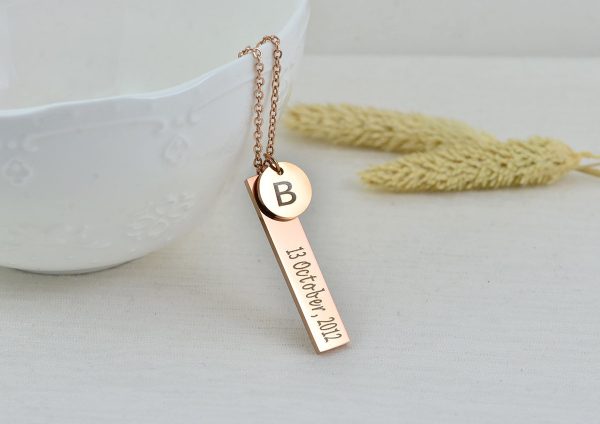 Initial Name Silver Bar Necklace, Personalised Charm Necklace, Name Bar Personalised Tag Necklace, Customised Silver Gold Rose Gold Necklace 55