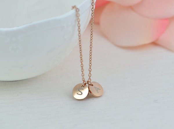 Name Initial Rosegold Necklace, Round Personalised Letter Engraved Necklace, Initial Charm Tag Necklace, Customised Bridesmaids Necklace 1