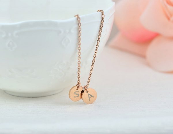 Name Initial Rosegold Necklace, Round Personalised Letter Engraved Necklace, Initial Charm Tag Necklace, Customised Bridesmaids Necklace 3