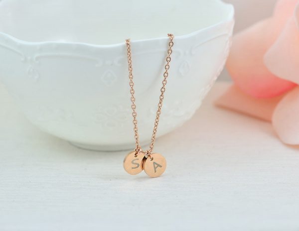 Name Initial Rosegold Necklace, Round Personalised Letter Engraved Necklace, Initial Charm Tag Necklace, Customised Bridesmaids Necklace 54