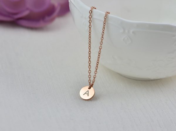 Name Initial Rosegold Necklace, Round Personalised Letter Engraved Necklace, Initial Charm Tag Necklace, Customised Bridesmaids Necklace 5