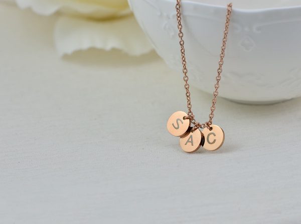 Name Initial Rosegold Necklace, Round Personalised Letter Engraved Necklace, Initial Charm Tag Necklace, Customised Bridesmaids Necklace 56
