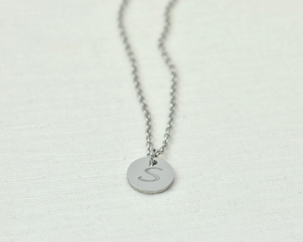 Personalised Initial Silver Necklace, Letter Engraved Necklace, Initial Round Charm Silver Necklace, Customised Bridesmaids Wedding Necklace 54