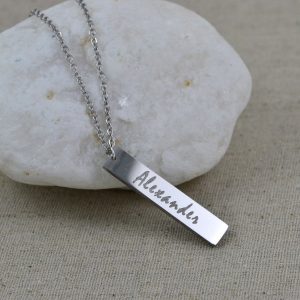 Personalised Name Bar Necklace, Name Engraved Rectangle Necklace, Initials Personalised Charm Tag Necklace, Customised Silver Necklace 56