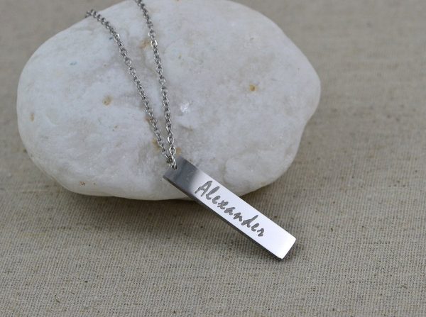 Personalised Name Bar Necklace, Name Engraved Rectangle Necklace, Initials Personalised Charm Tag Necklace, Customised Silver Necklace 1