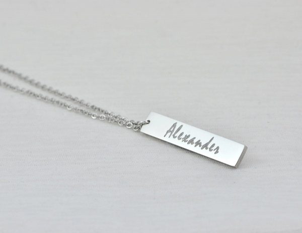 Personalised Name Bar Necklace, Name Engraved Rectangle Necklace, Initials Personalised Charm Tag Necklace, Customised Silver Necklace 54