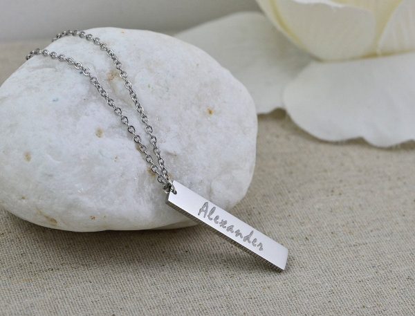 Personalised Name Bar Necklace, Name Engraved Rectangle Necklace, Initials Personalised Charm Tag Necklace, Customised Silver Necklace 5
