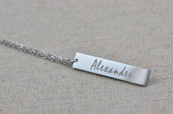 Personalised Name Bar Necklace, Name Engraved Rectangle Necklace, Initials Personalised Charm Tag Necklace, Customised Silver Necklace 7