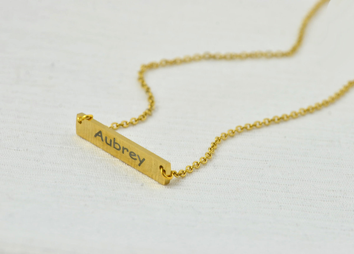 Personalised Name Gold Bar Necklace, Custom Engraved Rectangle Name Gold Necklace, Initials Charm Tag Necklace, Customised Gold Necklace 3