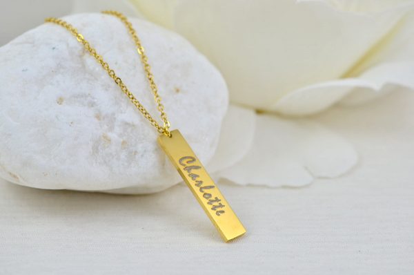 Personalised Name Gold Bar Necklace, Engraved Rectangle Name Necklace, Initials Personalised Charm Tag Necklace, Customised Gold Necklace 53