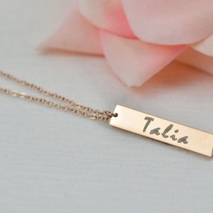 Personalised Name Rose Gold Necklace, Engraved Initials Rectangle Necklace, Name Personalised Charm Necklace, Customised Rosegold Necklace 52
