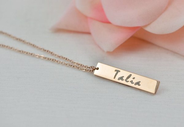 Personalised Name Rose Gold Necklace, Engraved Initials Rectangle Necklace, Name Personalised Charm Necklace, Customised Rosegold Necklace 51