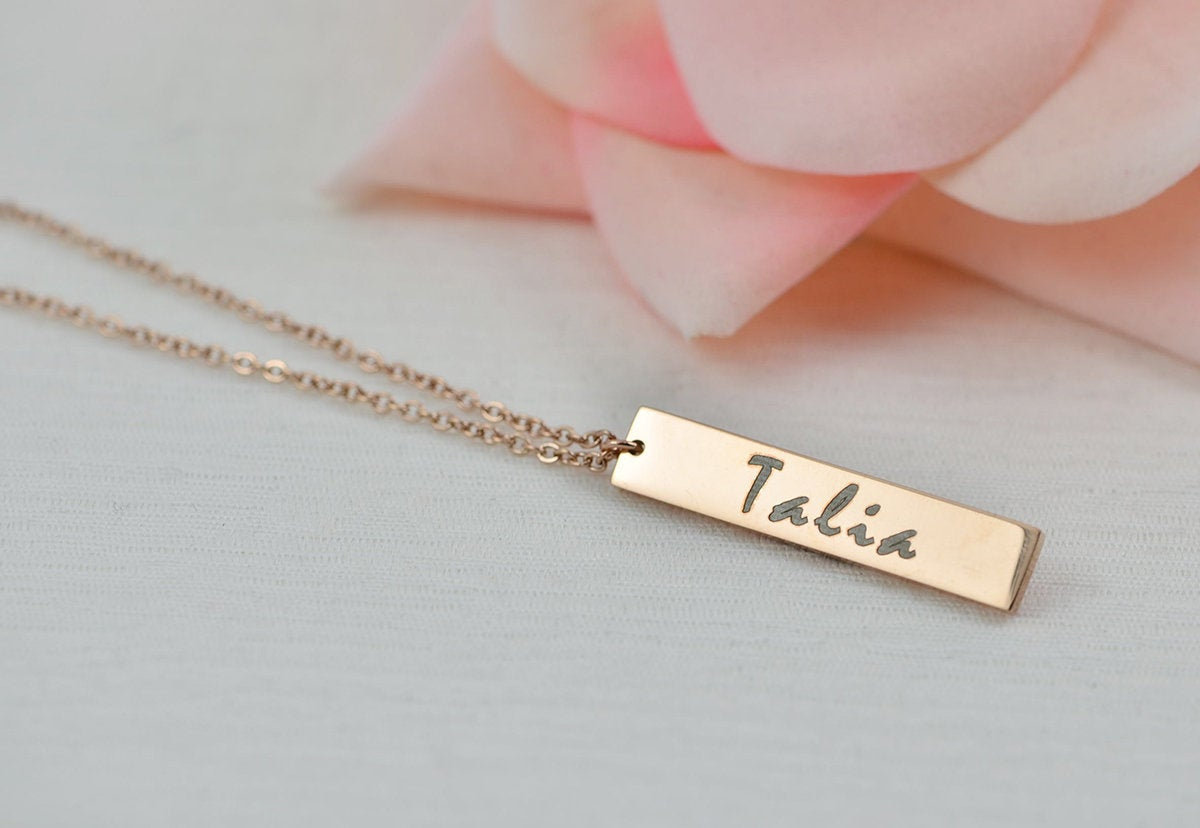 Personalised Name Rose Gold Necklace, Engraved Initials Rectangle Necklace, Name Personalised Charm Necklace, Customised Rosegold Necklace 6