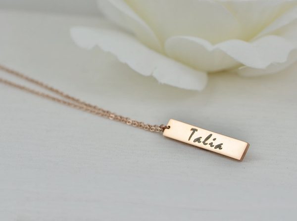 Personalised Name Rose Gold Necklace, Engraved Initials Rectangle Necklace, Name Personalised Charm Necklace, Customised Rosegold Necklace 53