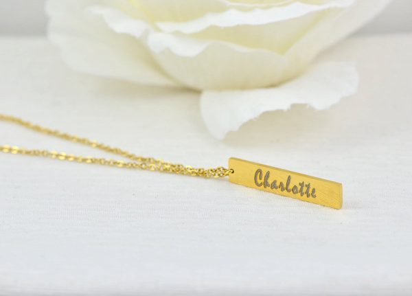 Personalised Name Rose Gold Necklace, Engraved Initials Rectangle Necklace, Name Personalised Charm Necklace, Customised Rosegold Necklace 55