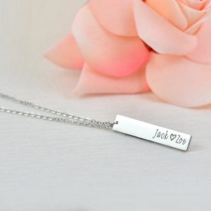 Personalised Name Silver Necklace, Bar Rectangle Engraved Name Necklace, Initials Personalised Charm Tag Necklace Customised Silver Necklace