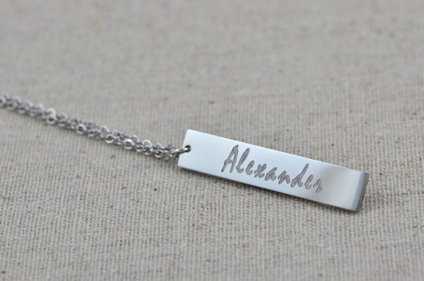 Personalised Name Silver Necklace, Bar Rectangle Engraved Name Necklace, Initials Personalised Charm Tag Necklace Customised Silver Necklace 58