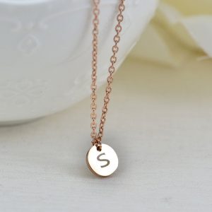 Personalised Rose Gold Initial Necklace, Initials Engraved Necklace, Initial Letter Round Charm Tag Necklace, Customised Silver Necklace