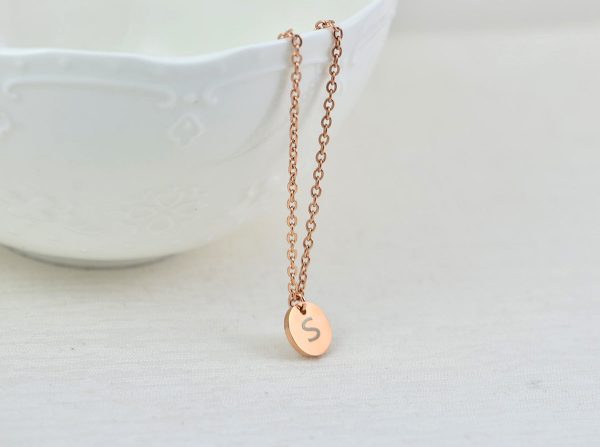 Personalised Rose Gold Initial Necklace, Initials Engraved Necklace, Initial Letter Round Charm Tag Necklace, Customised Silver Necklace 54