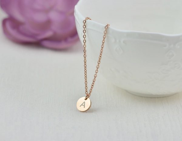 Personalised Rose Gold Initial Necklace, Initials Engraved Necklace, Initial Letter Round Charm Tag Necklace, Customised Silver Necklace 55