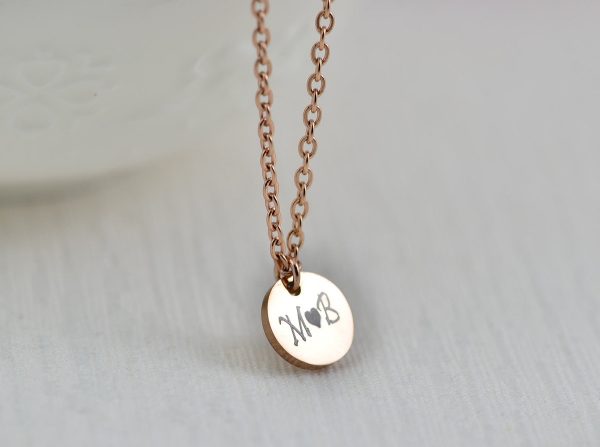 Personalised Rose Gold Initial Necklace, Initials Engraved Necklace, Initial Letter Round Charm Tag Necklace, Customised Silver Necklace 56